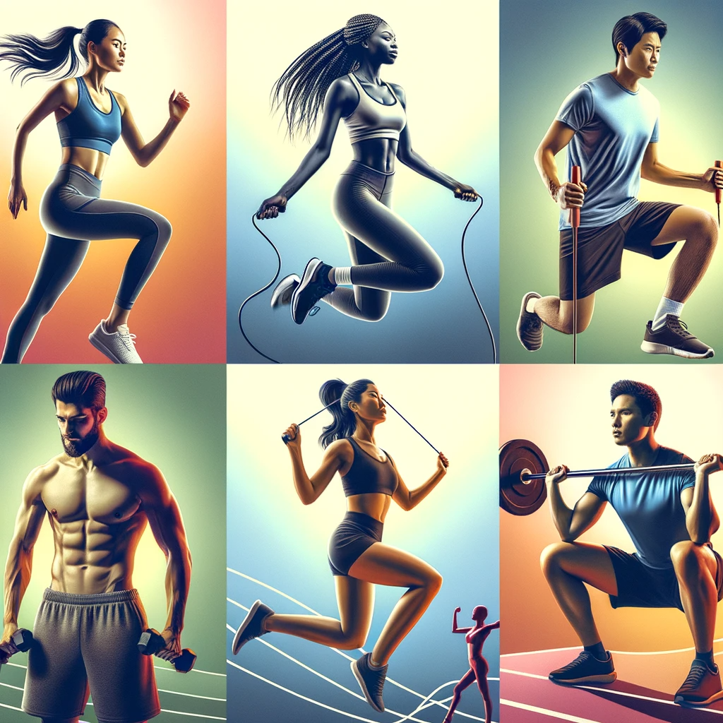 Collage of diverse individuals participating in aerobic and anaerobic exercises, from jogging to weightlifting.