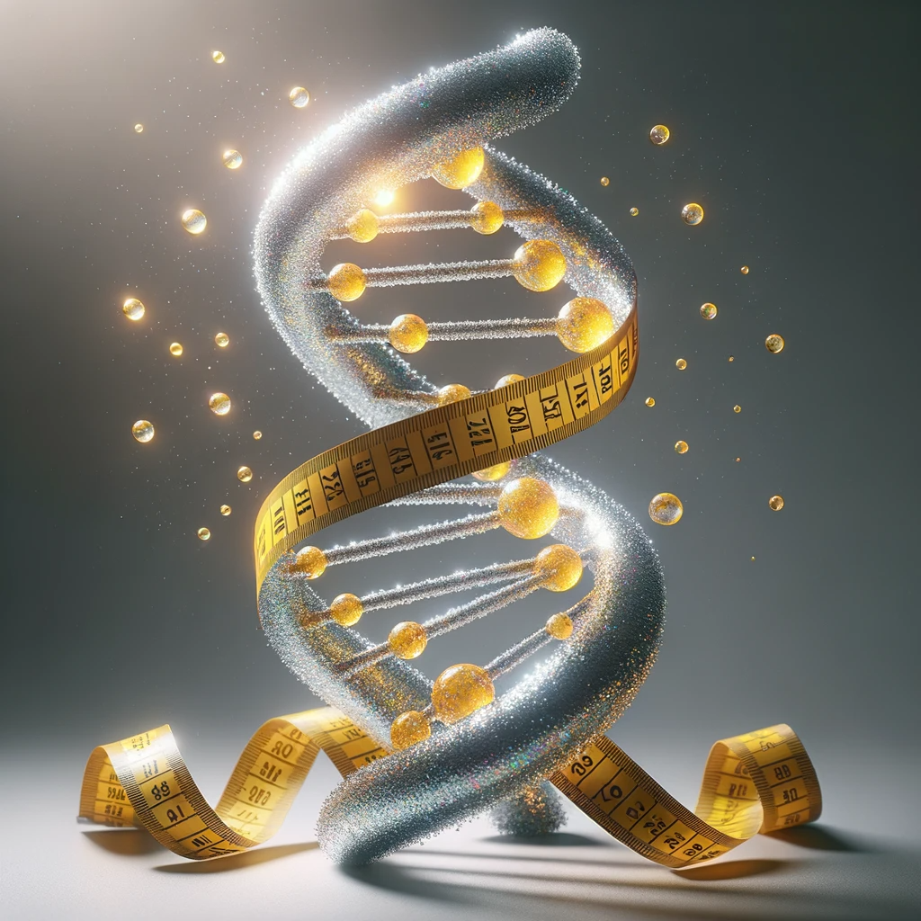 DNA helix intertwined with a yellow measuring tape, representing the genetic influence on body weight.