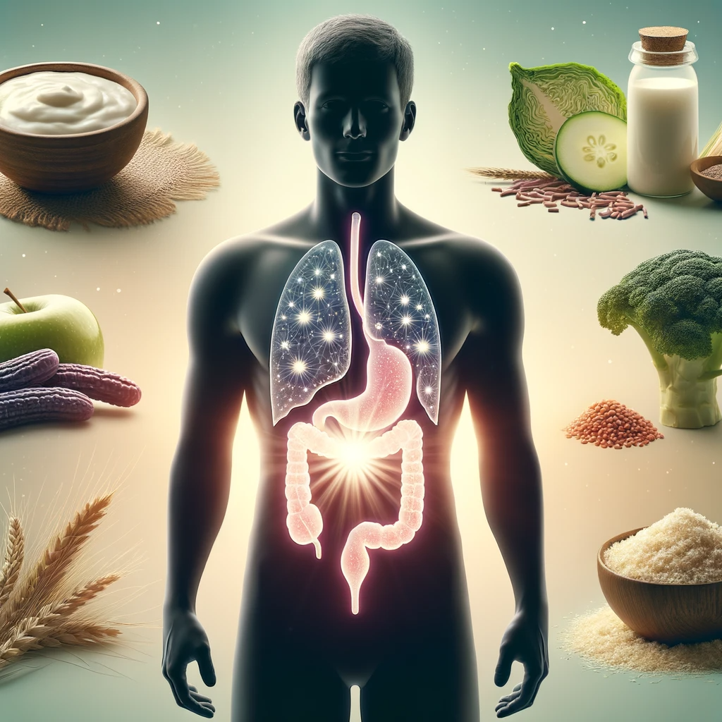 Silhouette of a person with a radiant glow in the gut area, surrounded by images of probiotic foods such as yogurt and fiber-rich foods.